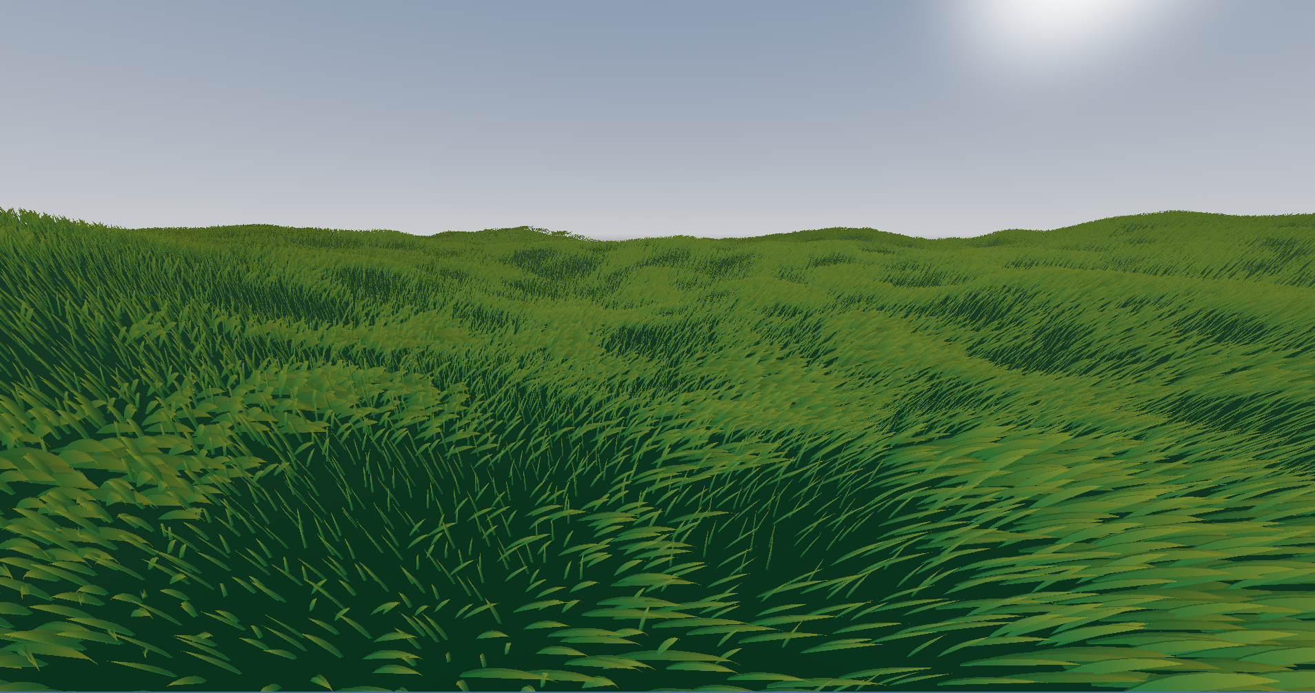 A procedurally generated grass field on rolling terrain in Godot